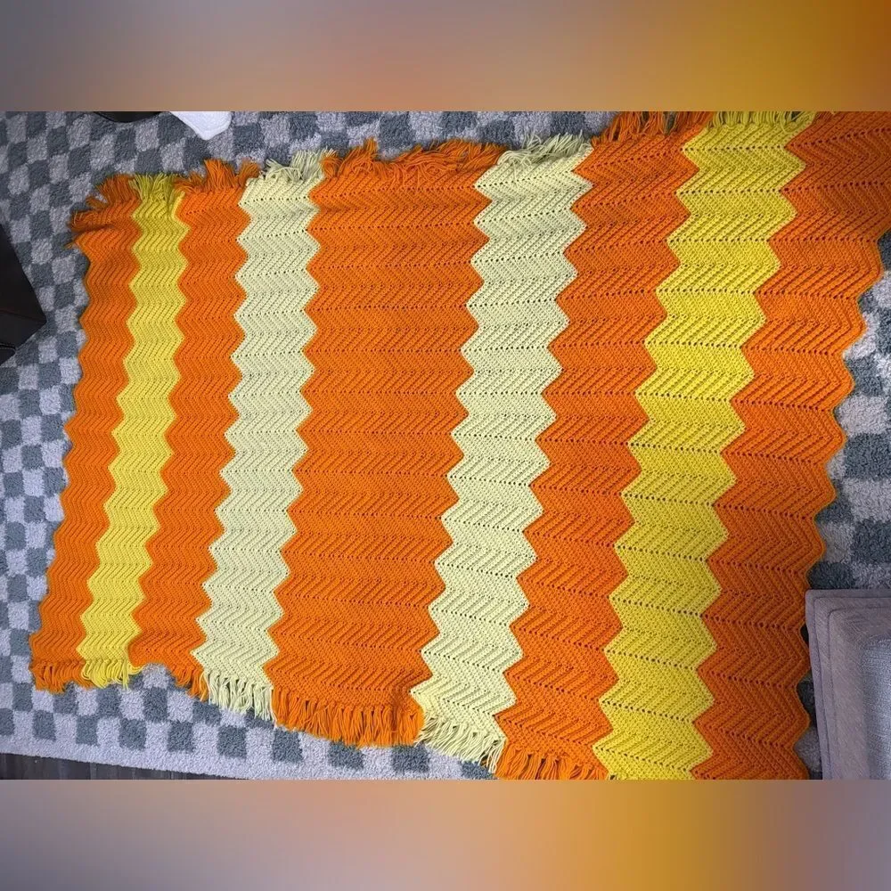 VTG Crochet Afghan Chevron Handmade Sunshine Retro Boho Fringe Orange Yellow L